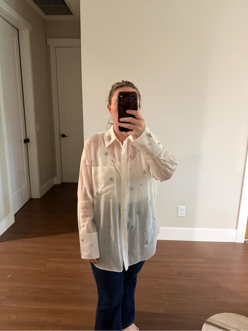Zara Sheer Embellished White Button Up
